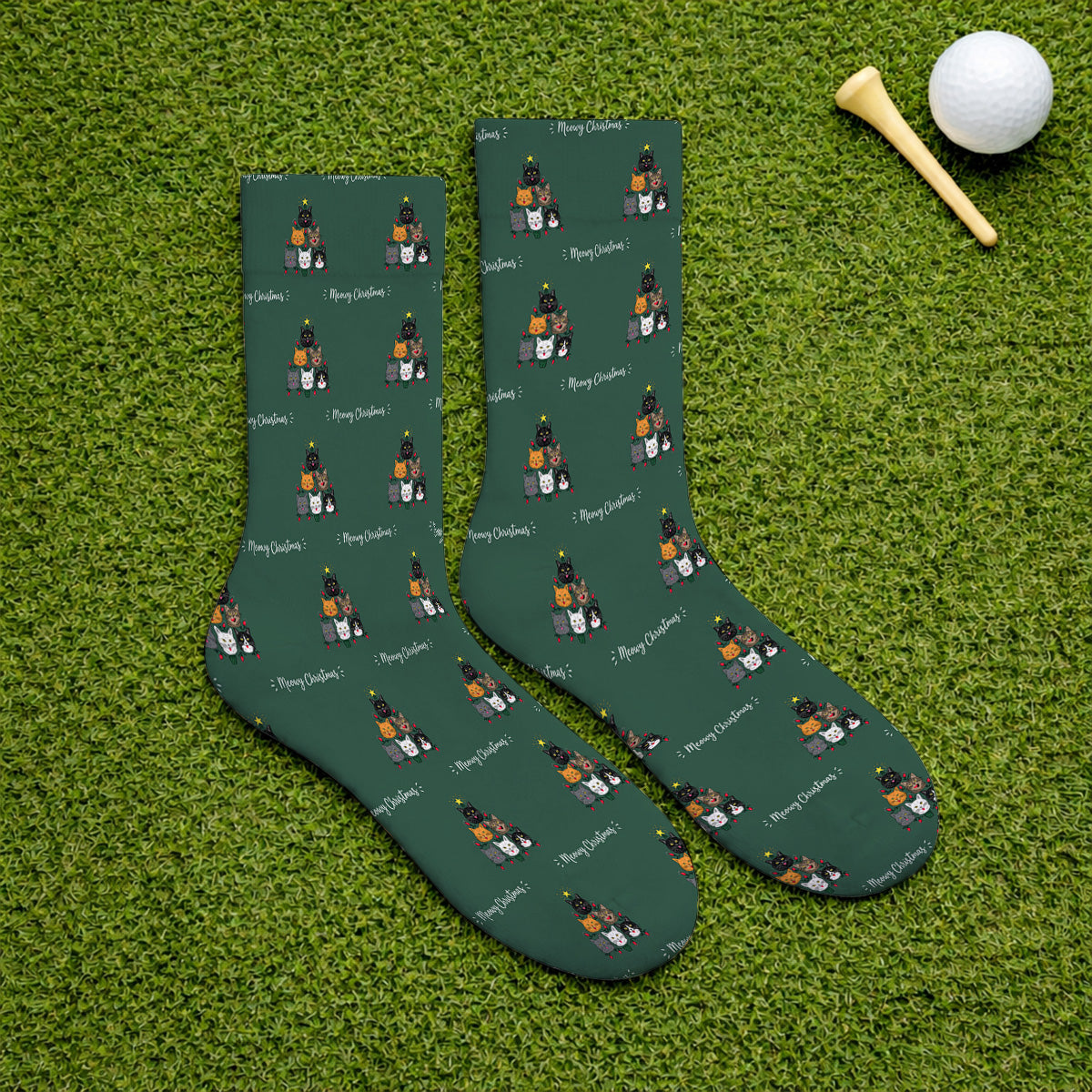 Meowy Christmas Cat Golf Socks, Festive Cat Christmas Pattern Golf Sock, Xmas Golf Gift For Cat Lovers