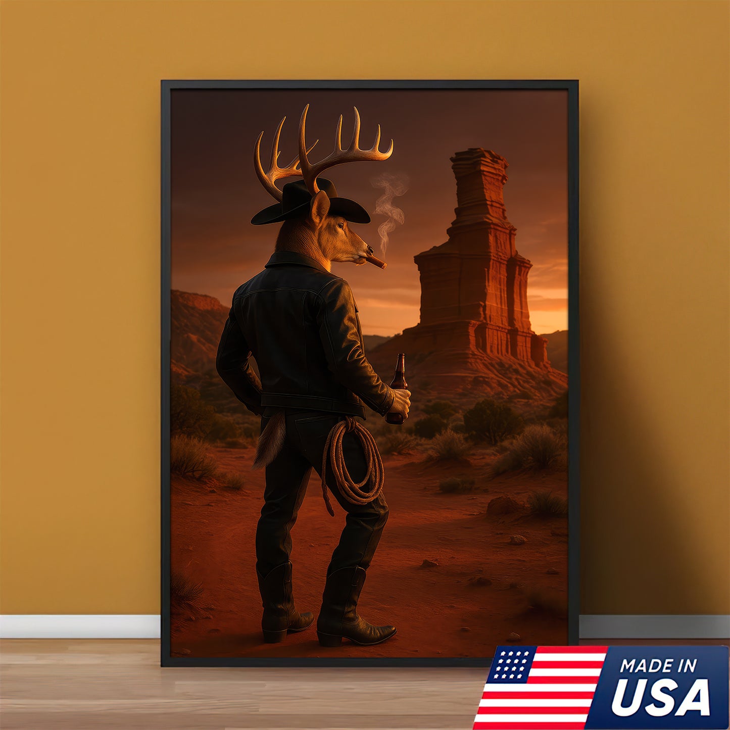 Deer Cowboy With Texas Sunset Canvas, Lighthouse Rock  Canvas Of Northern Desert Wall Art For Home Decor