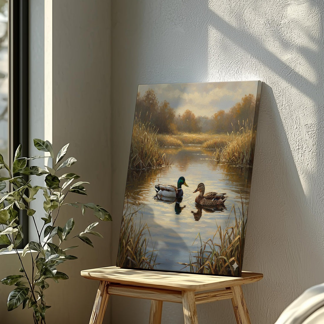 Duck Hunting Wall Art Canvas, Rustic Cabin Decor, Mallard Couple On Lake Print For Man Cave