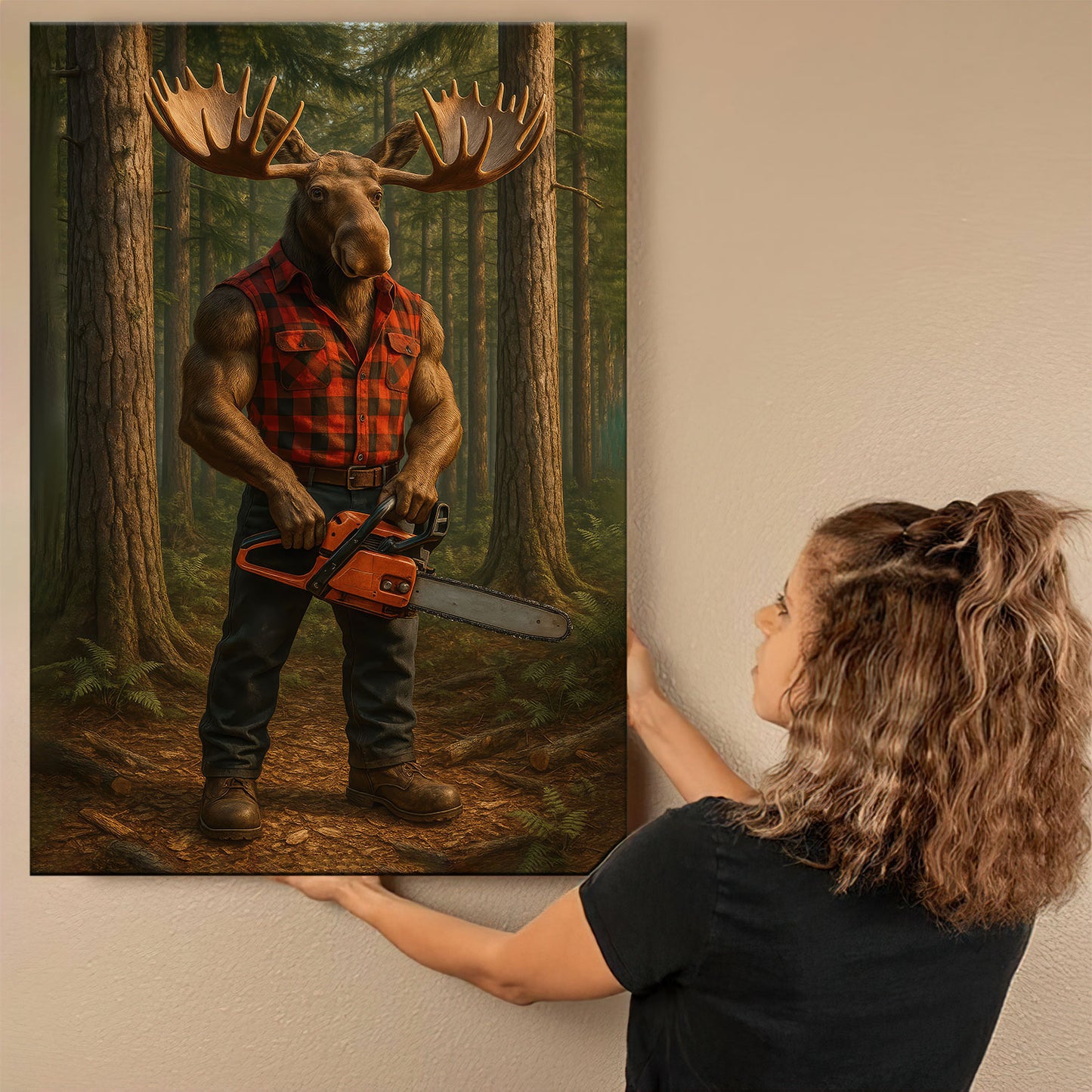 Maine Canvas Wall Art, Lumberjack Moose Chainsaw Portrait Print, Rustic Northern Cabin Decor For Man Cave Walls