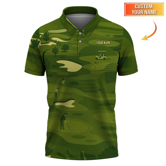Personalized Golf Polos, Green Golf Course Pattern Custom Name Shirt For Golf Lovers, Crazy Golf Shirts For Men's