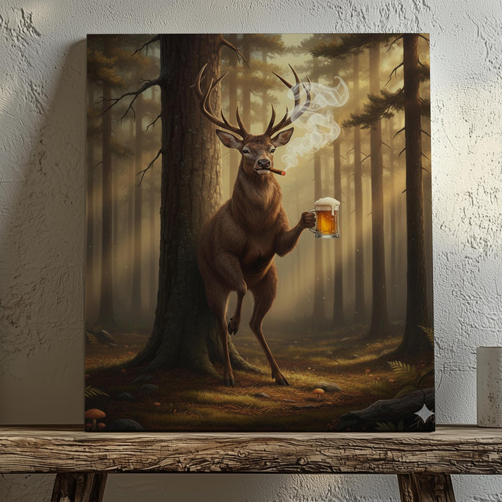 Beer & Cigar Deer Canvas – Funny Man Cave Cabin Wall Art