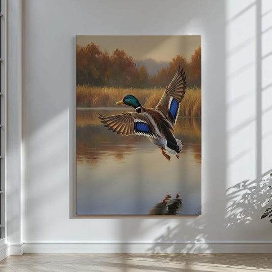 Duck Hunting Wall Art Canvas, Mallard Duck In Flight Over Lake Print, Cabin Decor For Man Cave
