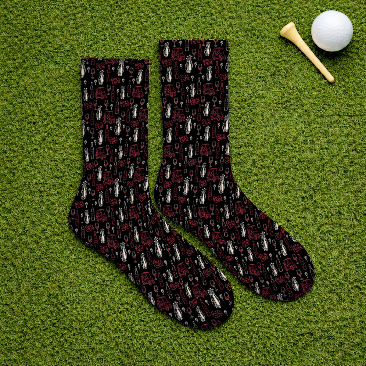 Funny Golf & Wine Pattern Golf Socks, Funny Golf Sock For Wine Lover, Golf Gift For Golfer
