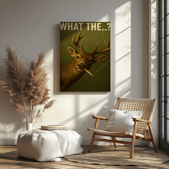 Smoking Deer Canvas – “What The…?” Funny Man Cave Wall Art