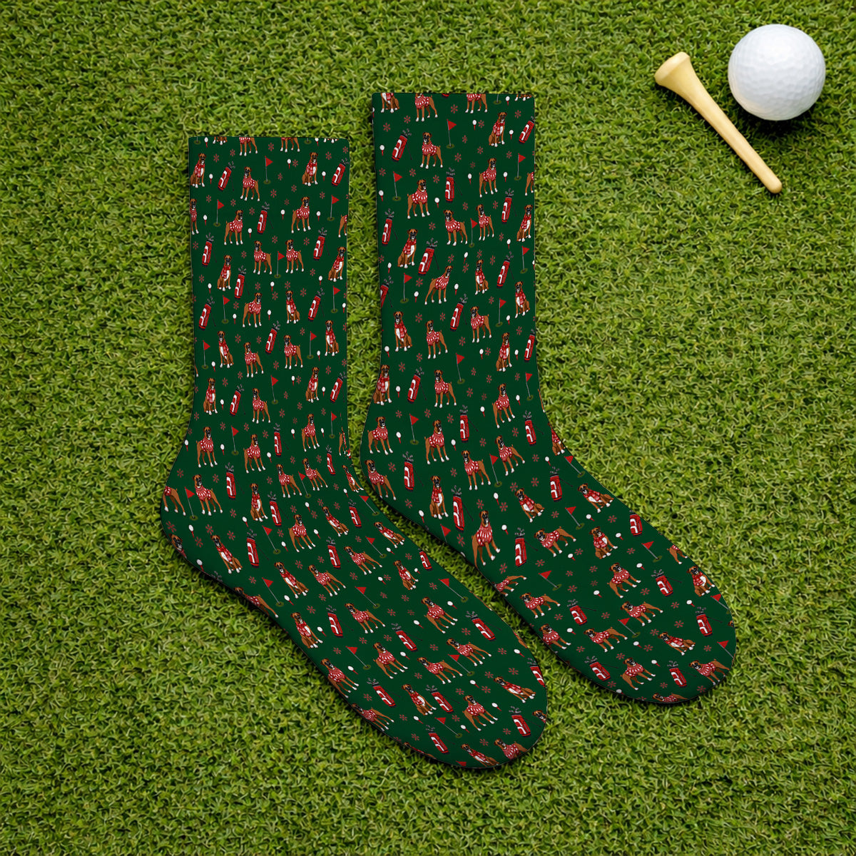 Boxer Christmas Golf Polos, Holiday Dog Pattern Golf Shirt, Festive Golf Gift for Golfers