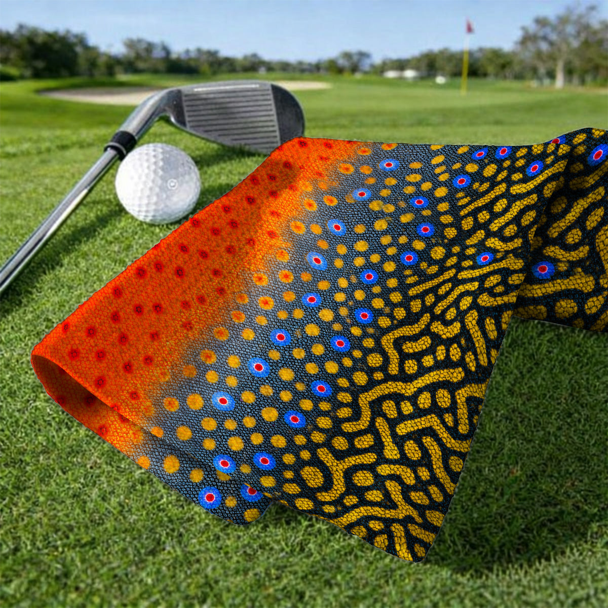 Brook Trout Skin Golf Towels, Vibrant Orange Spotted Fish Scale Pattern Golf Towel, Crazy Golf Gift For Golfers