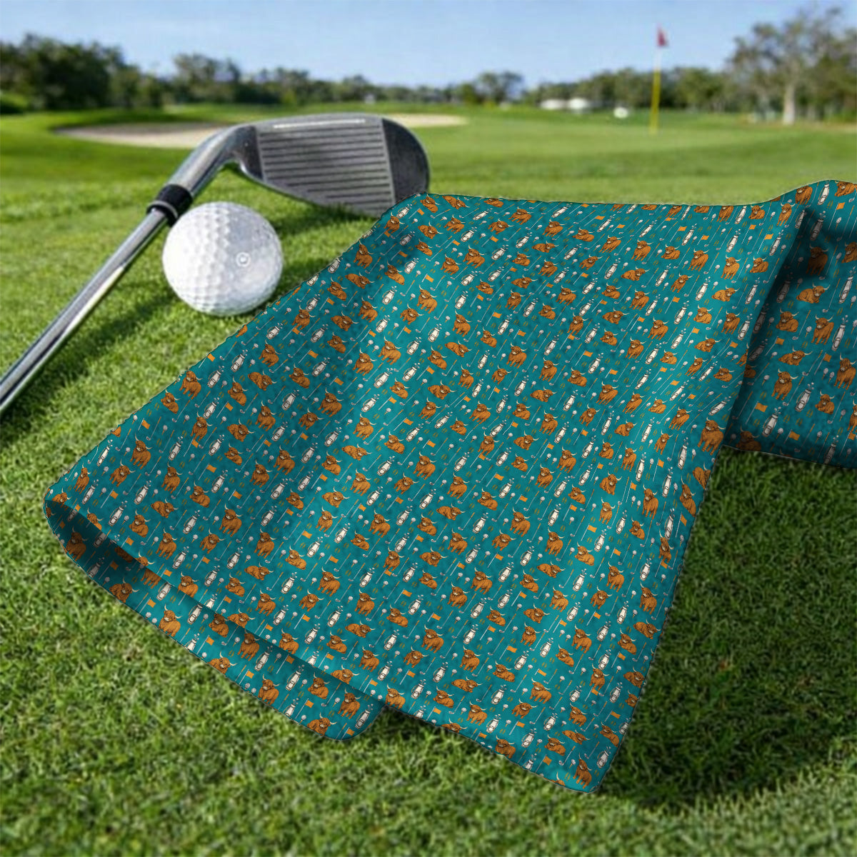 Highland Cow Fairway Towels, Highland Cow Golf Pattern Towel, Golf Gift For Golfer