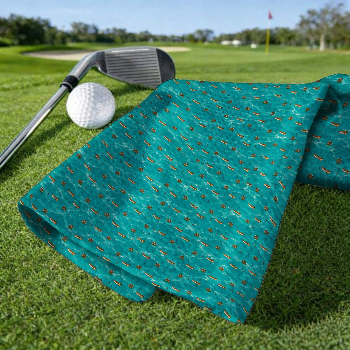 Fishing Pattern Golf Towels, Fishing Boat With Tackle Pattern Golf Towel, Unique Fishing Gift for Fishermen And Golfer
