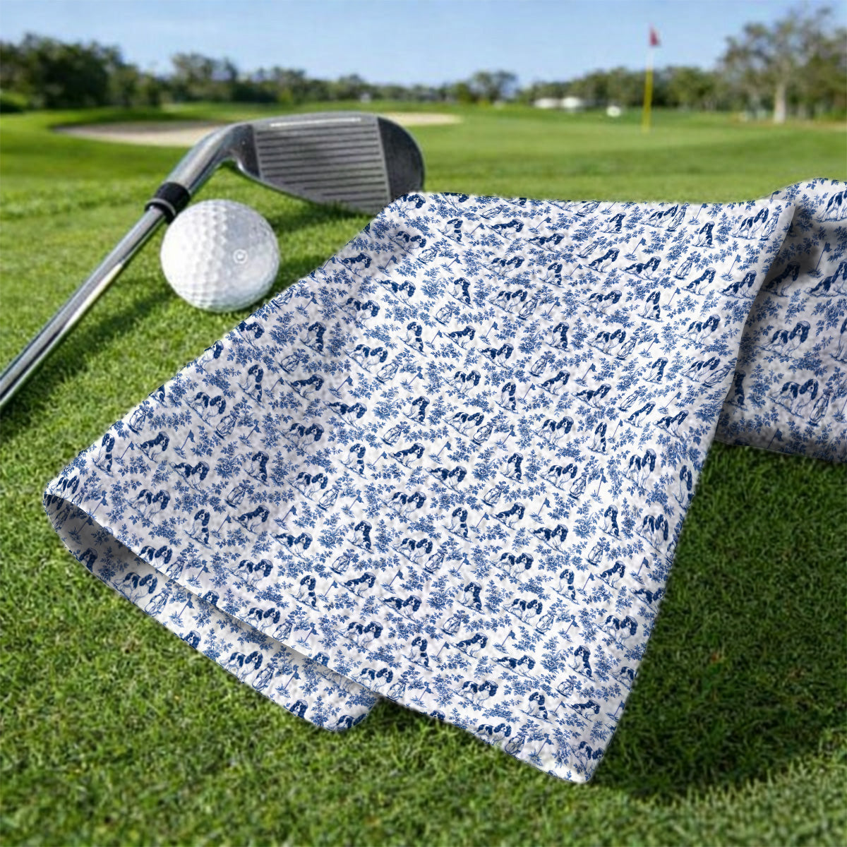 Funny Cavalier King Charles Spaniel Golf Towel, Toile de Jouy Cavalier Pattern Golf Towels, Golf Gift For Golfer