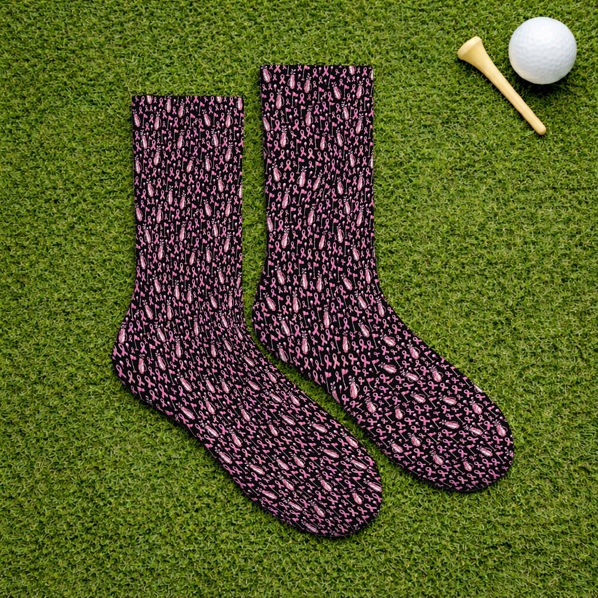 Breast Cancer Awareness Golf Socks, Pink Ribbon Golf Bag Pattern Sock, October Golf Gift for Golfer