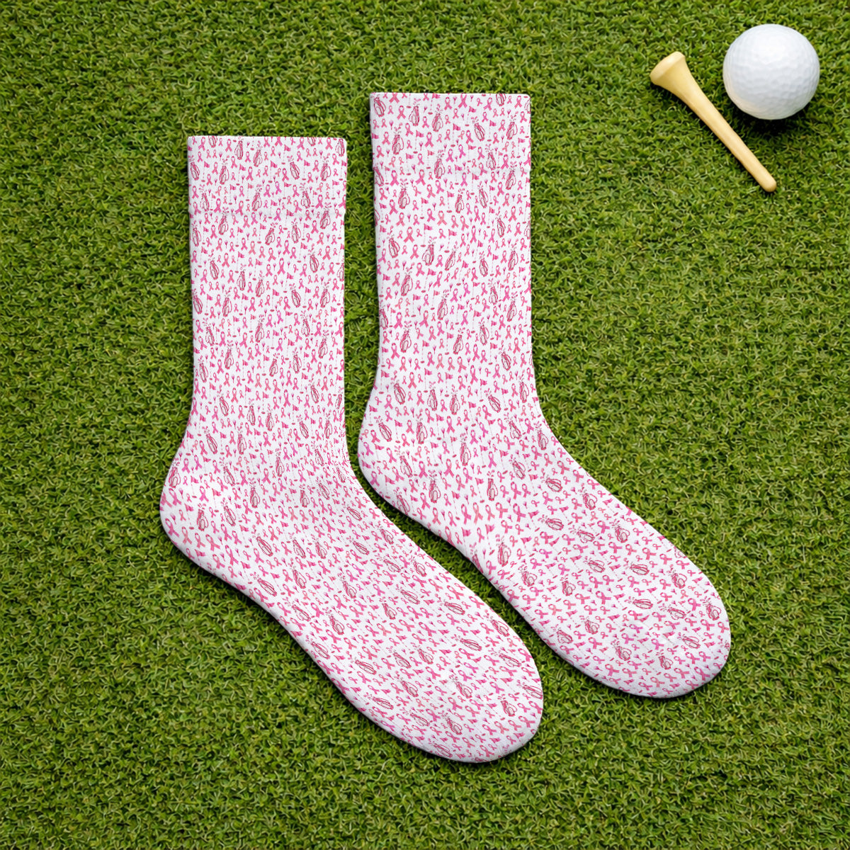 Breast Cancer Awareness Golf Socks, Pink Ribbon Golf Bag Pattern Sock, October Golf Gift for Golfer