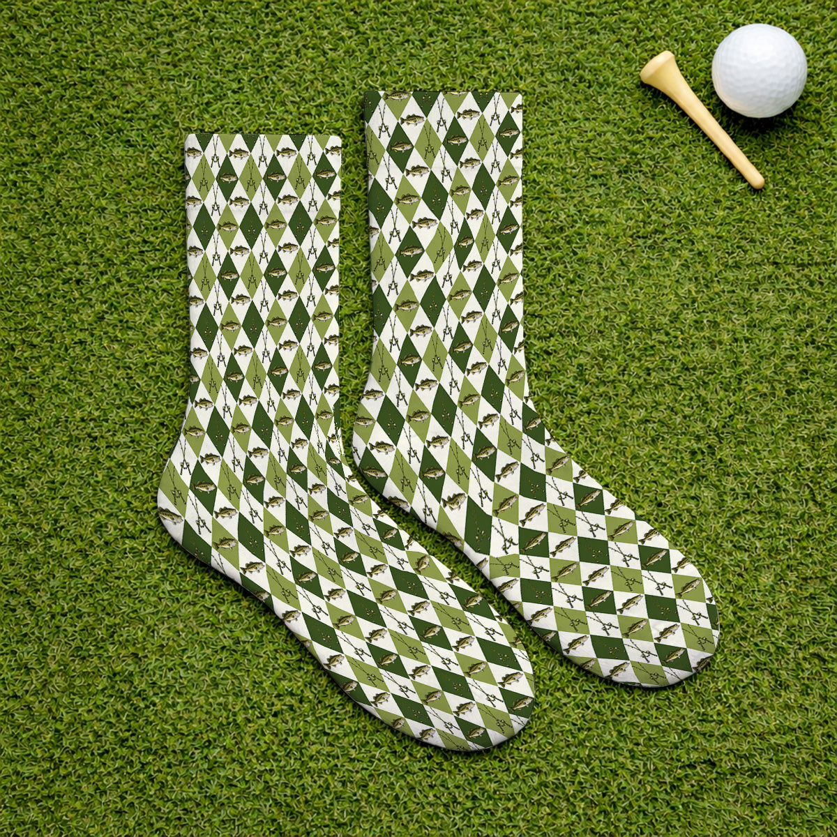 Bass Fishing Golf Socks, Fishing Bass & Rod Pattern Golf Sock, Crazy Golf Gift For Golfers