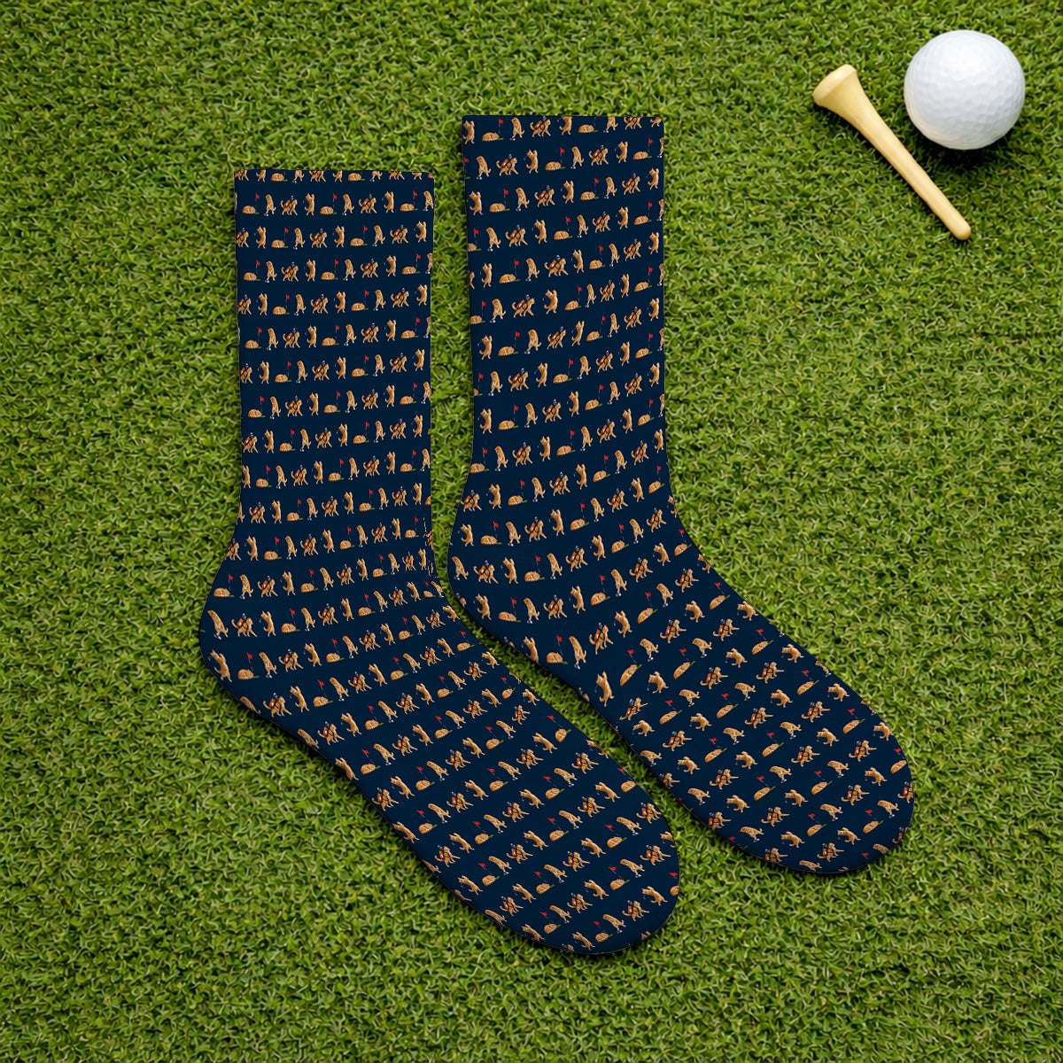 Orange Tabby Cat Golf Socks, Funny Ginger Cat Golf Pattern Sock, Unique Golf Gift For Cat Lovers