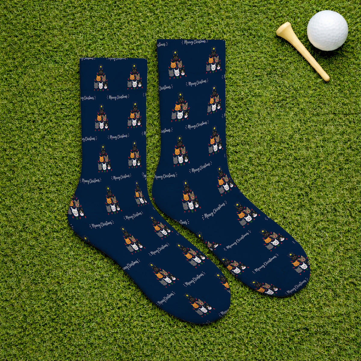 Meowy Christmas Cat Golf Socks, Festive Cat Christmas Pattern Golf Sock, Xmas Golf Gift For Cat Lovers