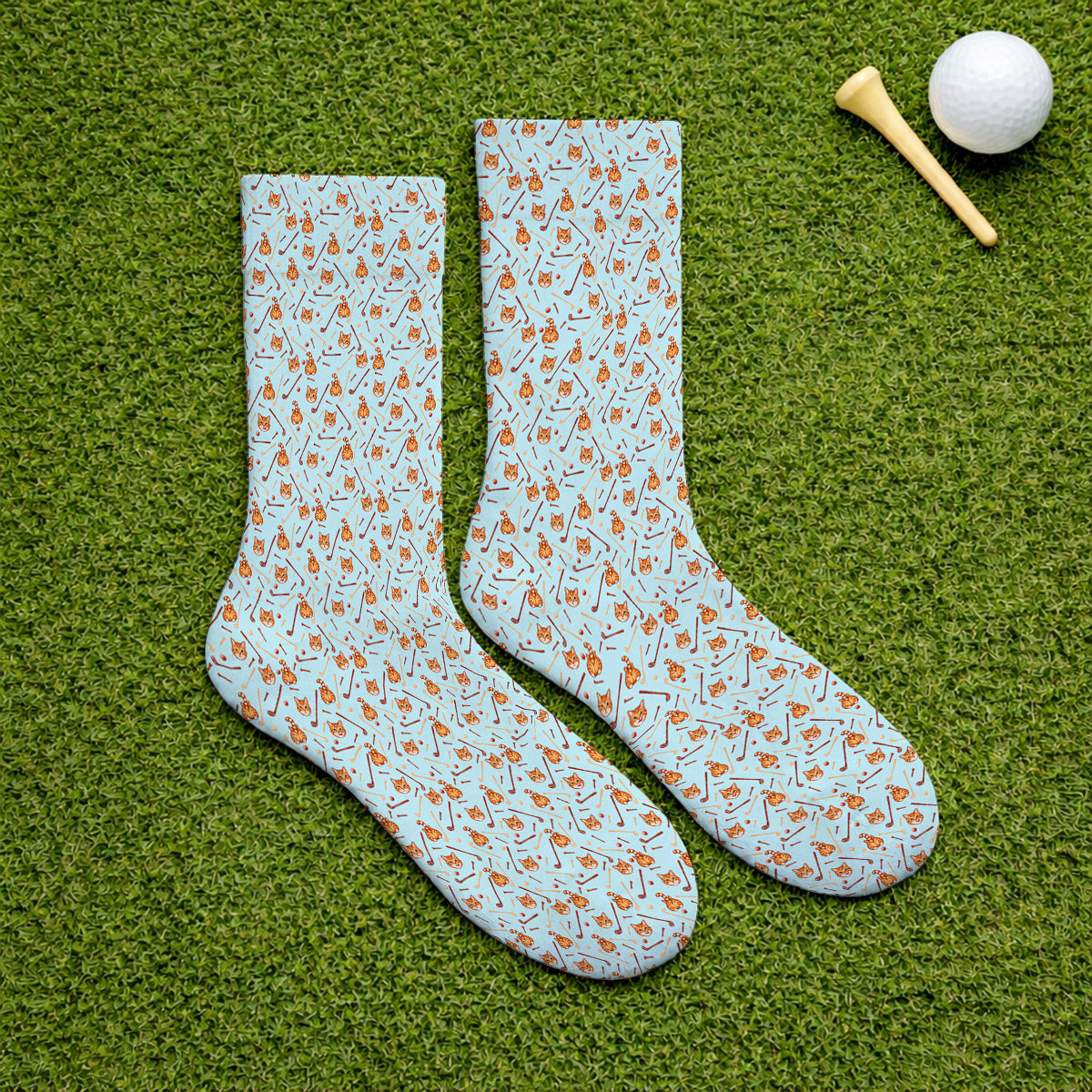 Orange Tabby Cat Golf Sock, Funny Cat Butt & Golf Pattern Socks, Unique Golf Apparel Gift for Cat Lovers