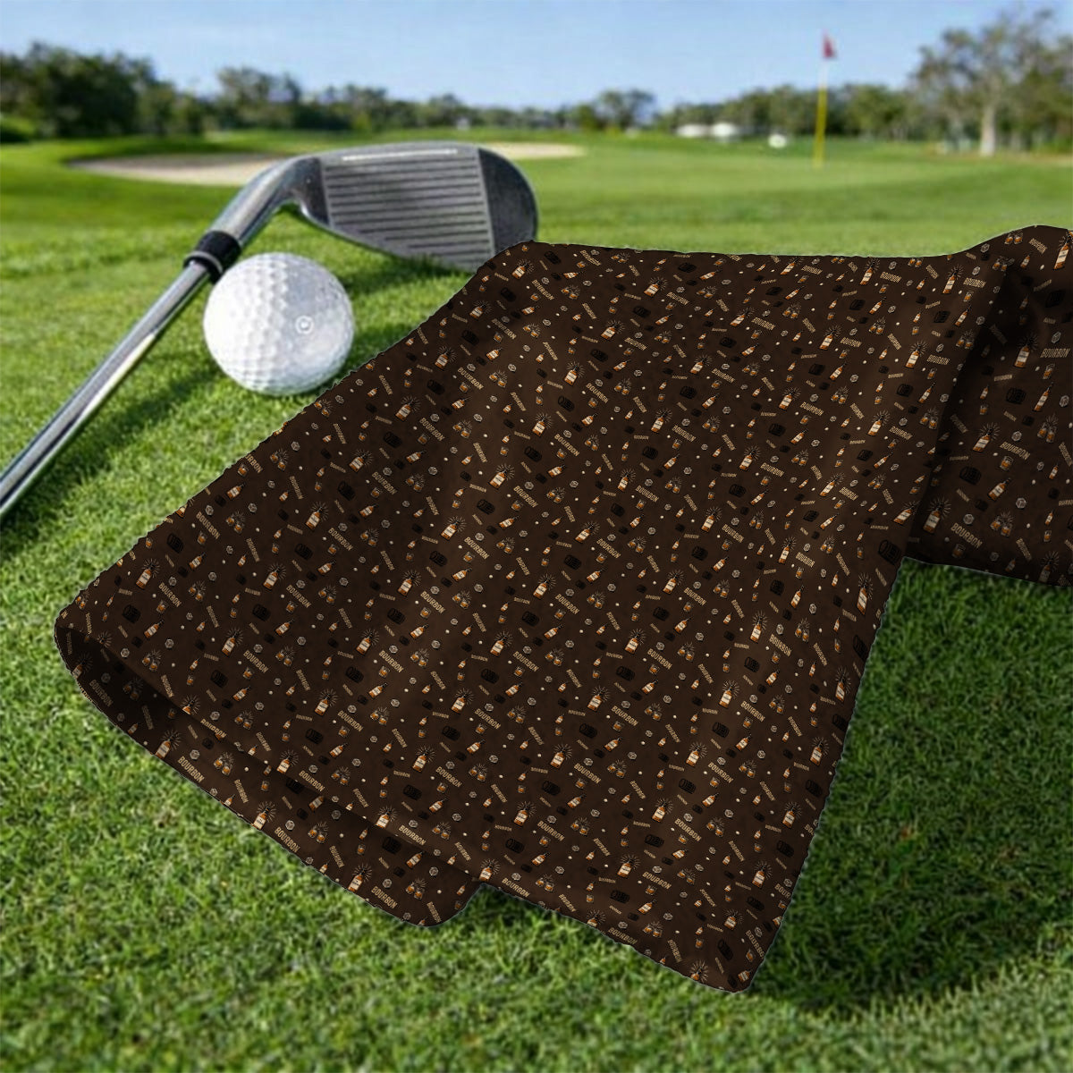 Bourbon Barrel Golf Towels, Whiskey Bottle & Rocks Pattern Towel, Vintage Drinking Golf Shirt for Golfer