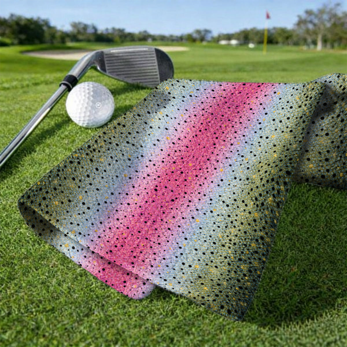 Crazy Rainbow Trout Skin Pattern Golf Towels, Pink Blue Fish Scale Golf Towel, Golf Gift For Golfers