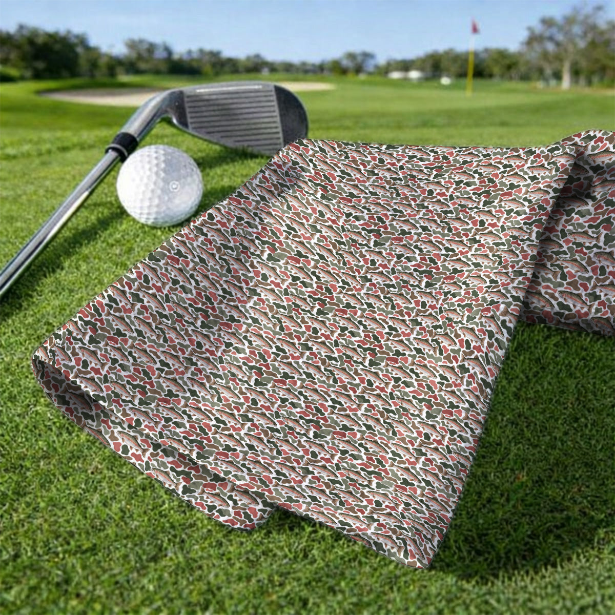 Rainbow Trout Camo Golf Towels, Trout Fishing Camouflage Pattern Golf Towel, Crazy Golf Gift For Golfer