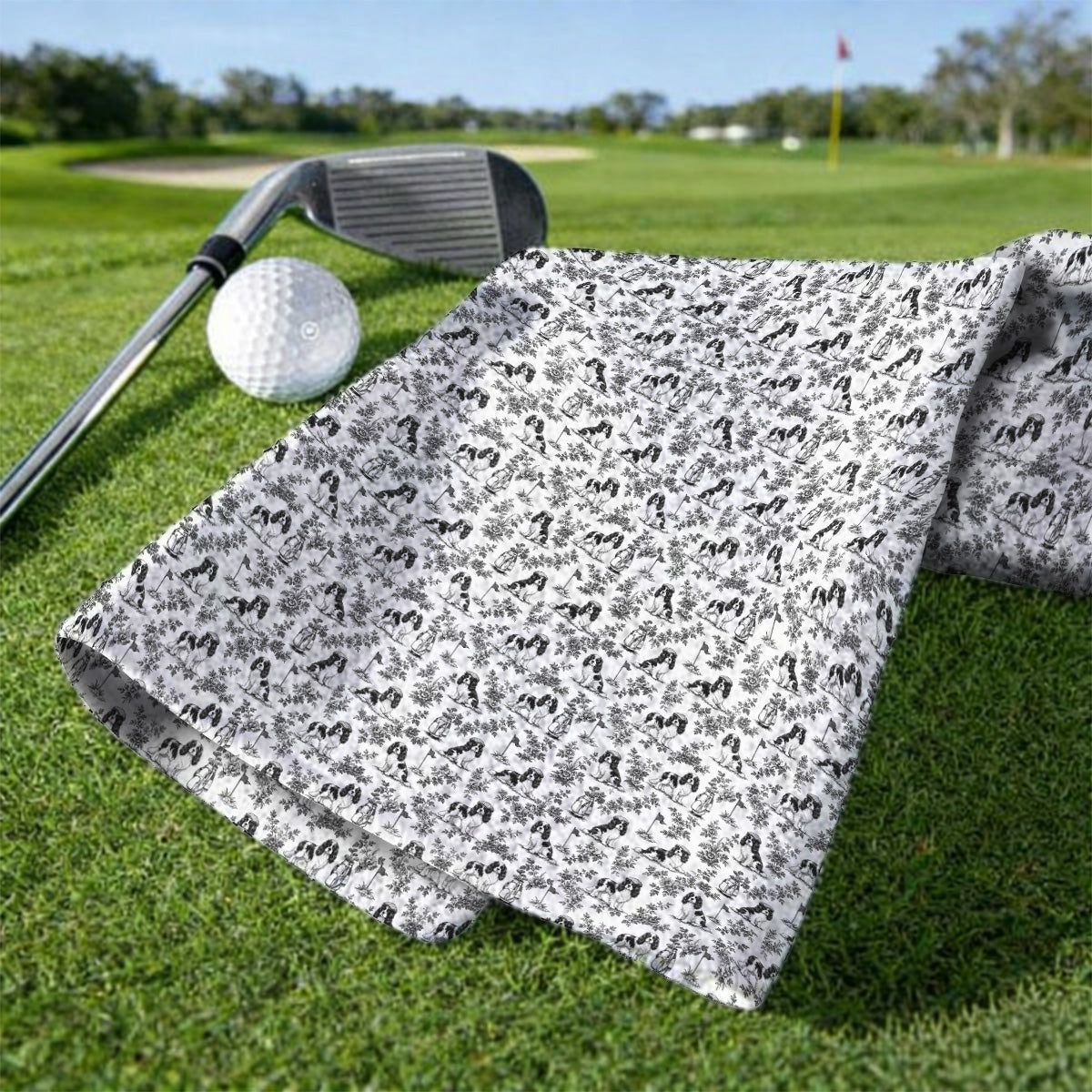 Funny Cavalier King Charles Spaniel Golf Towel, Toile de Jouy Cavalier Pattern Golf Towels, Golf Gift For Golfer