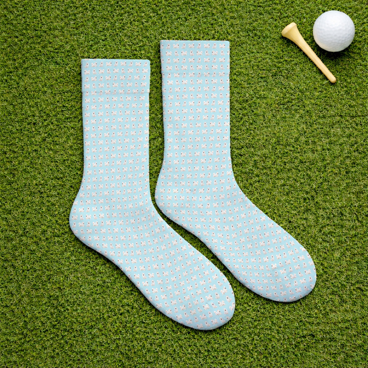 White Pomeranian Pattern Golf Socks, Cute Pomeranian Dog Golf Sock, Crazy Golf Gift For Golfer