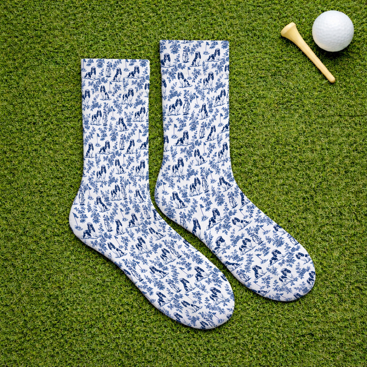 Funny Cavalier King Charles Spaniel Golf Sock, Toile de Jouy Cavalier Pattern Golf Socks, Golf Gift For Golfer