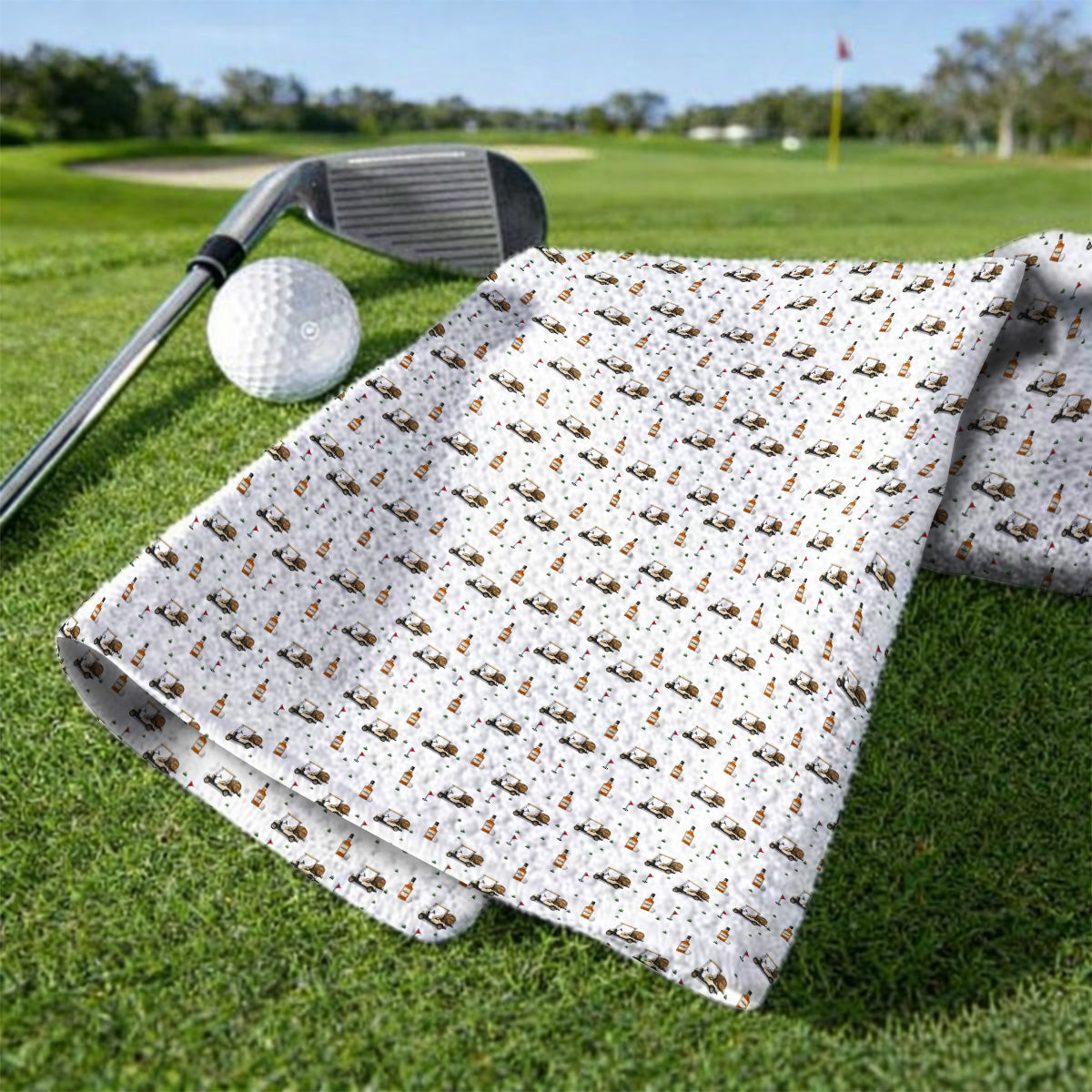 Bourbon Cart Golf Towels, Whiskey Barrel & Golf Course Pattern Towel, Funny Golf Gift For Golfer