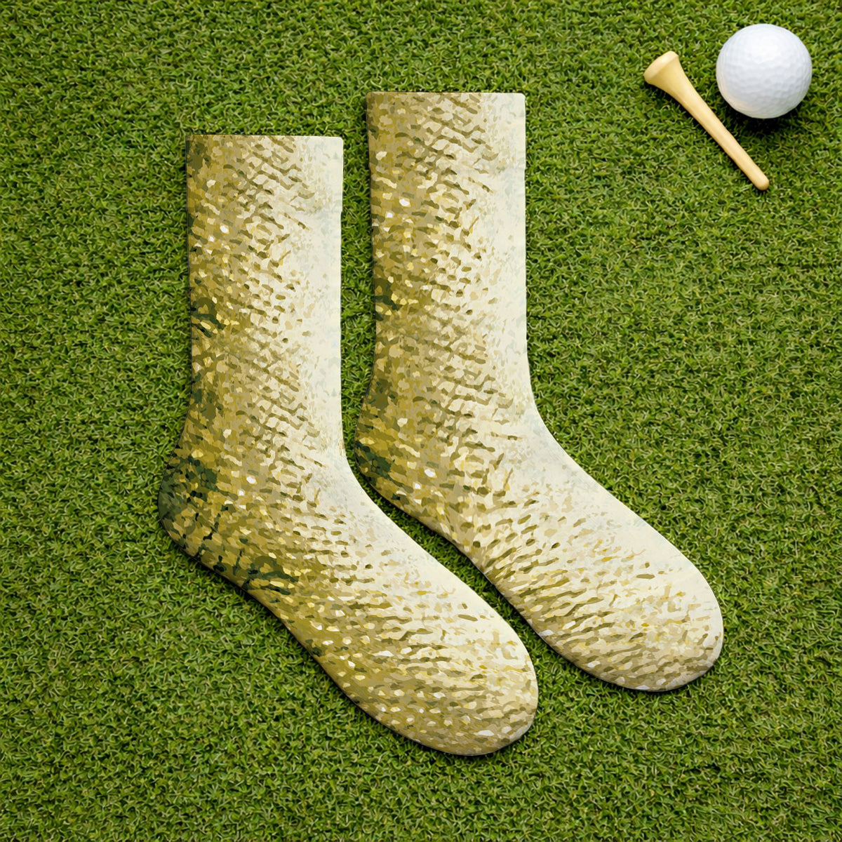 Bass Fishing Pattern Golf Socks, Golden Green Bass Fish Scale Golf Sock, Golf Gift For Fishers