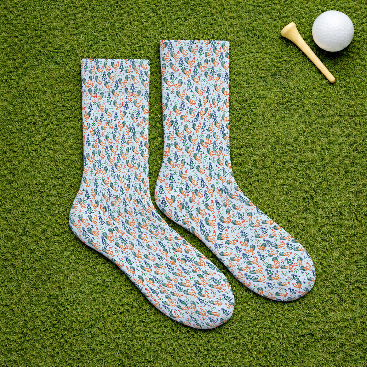Colorful Rooster Golf Socks, Rooster Pattern Golf Sock For Chicken Lovers, Funny Golf Gift For Golfers