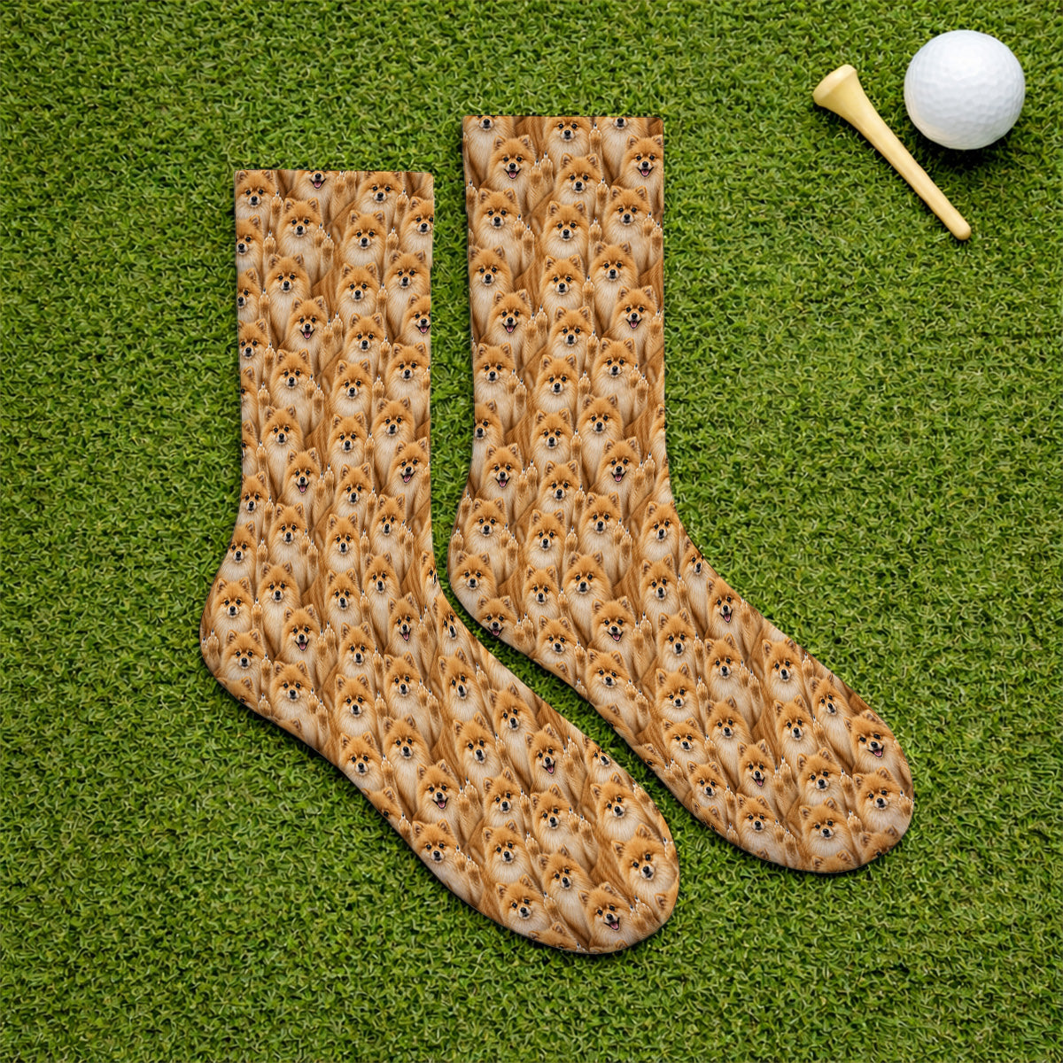 Crazy Pomeranian Pattern Golf Socks, Pomeranian Dog Golf Sock, Golf Gift For Golfer