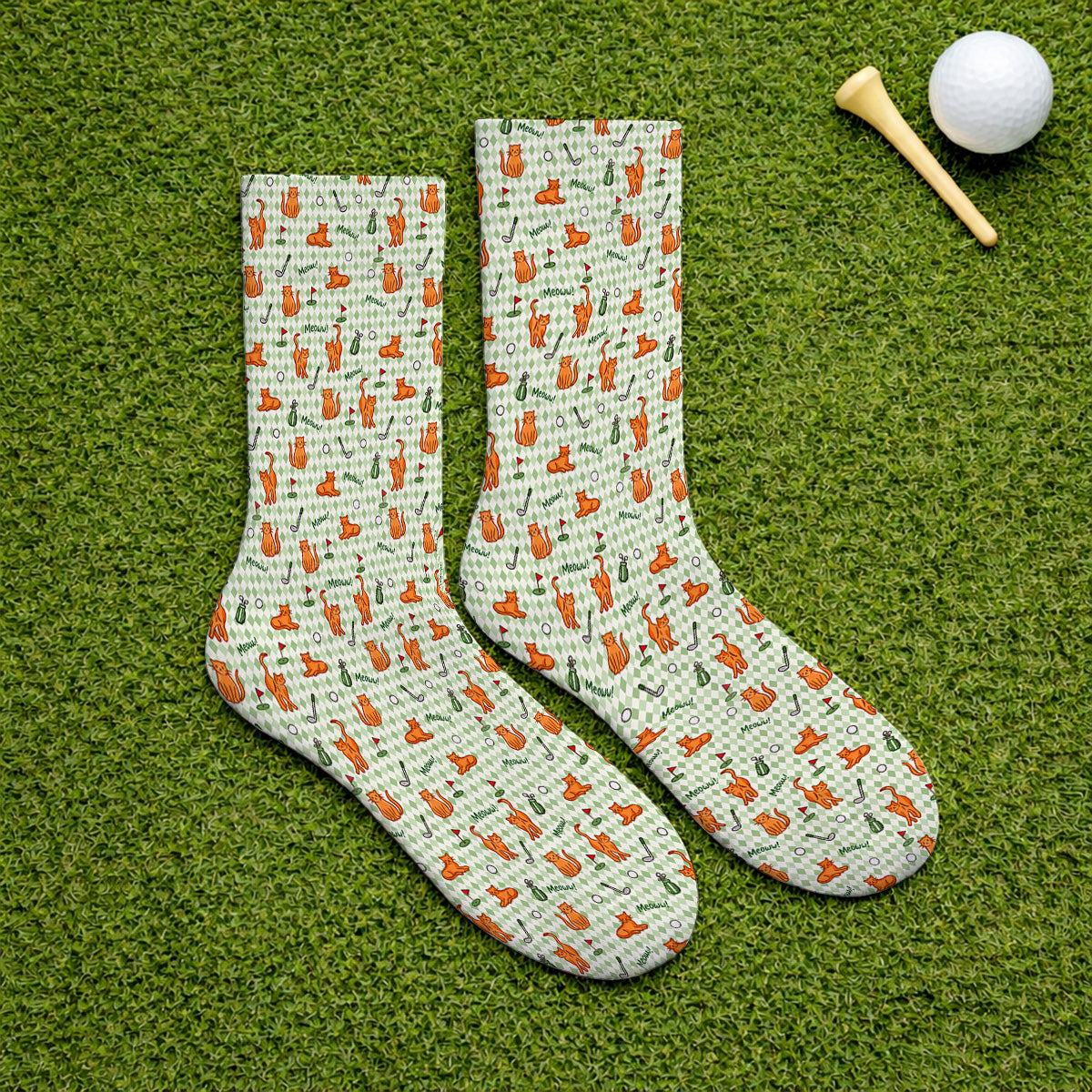 Cute Orange Cat Golf Socks, Meow Cat And Golf Pattern Sock, Funny Cat Golf Gift For Golfer