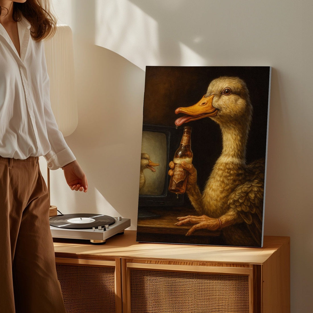 Funny Duck Beer Canvas, Rustic Cabin Bar Wall Art For Man Cave, Gift For Hunters