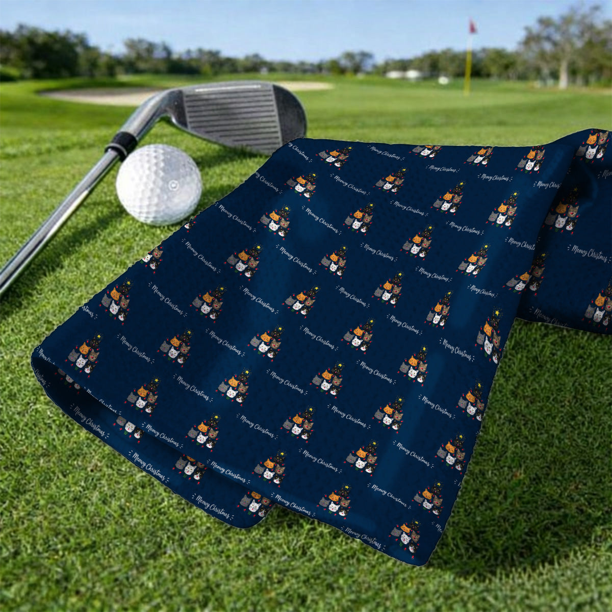 Meowy Christmas Cat Golf Towels, Festive Cat Christmas Pattern Golf Towel, Xmas Golf Gift For Cat Lovers
