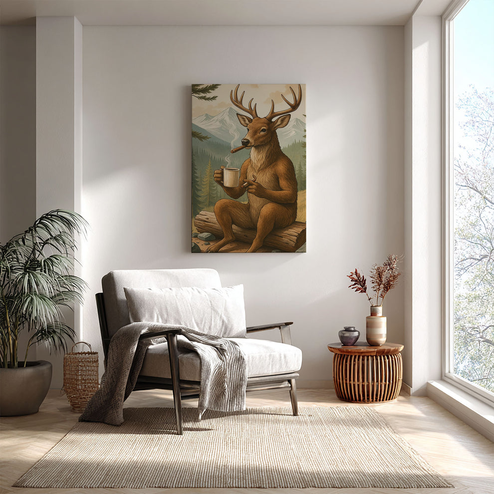 Rustic Deer Canvas – Coffee, Cigar & Cabin Wall Art for Man Caves