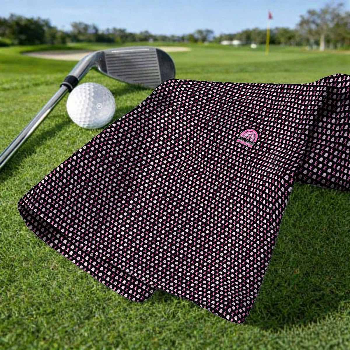 Breast Cancer Awareness Golf Towel, In October We Wear Pink Pattern Golf Towels, Pink Ribbon Golf Gift for Breast Cancer Support