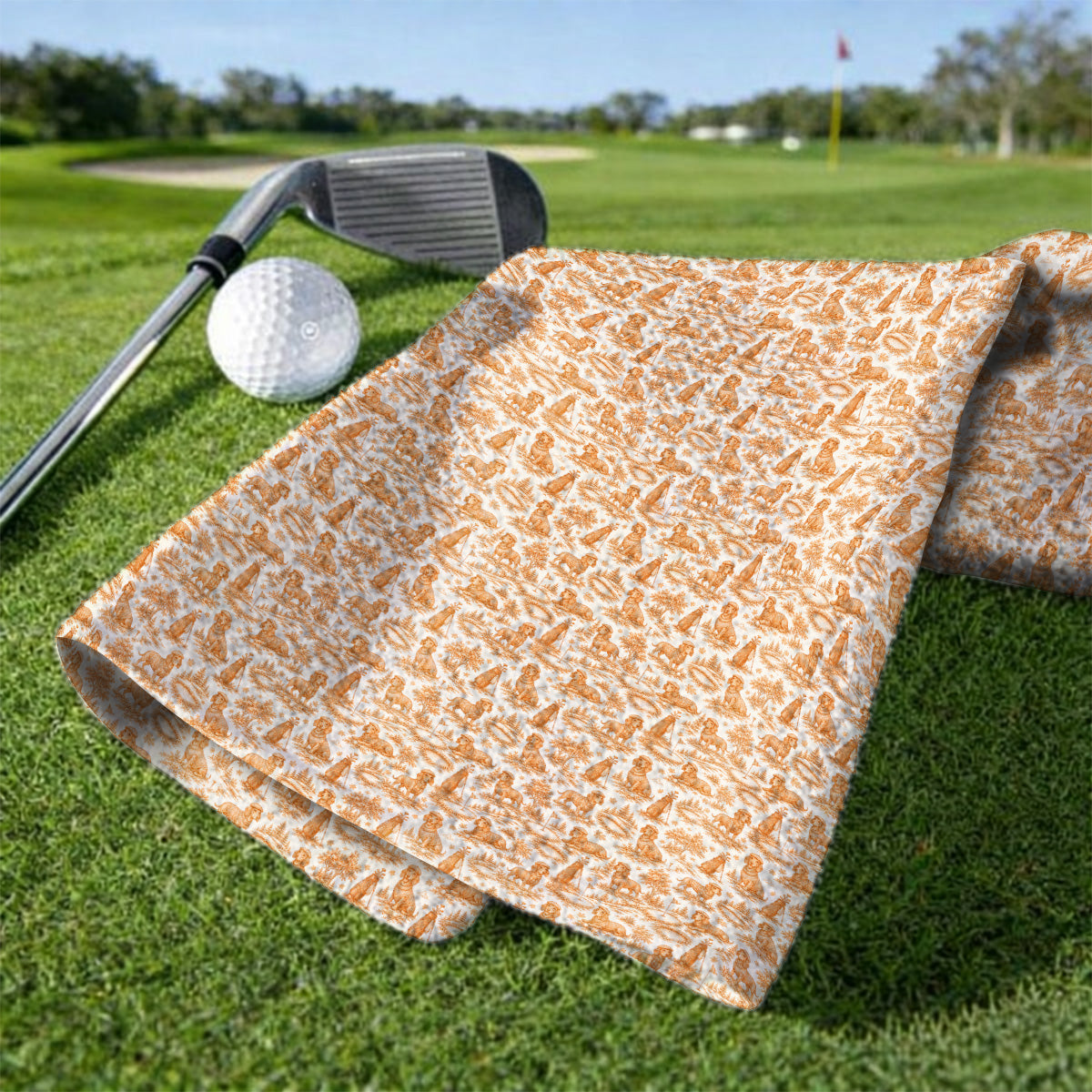 Dachshund Toile de Jouy Golf Towel, Autumn Wiener Dog Pattern Golf Towels, Crazy Golf Gift For Golfer