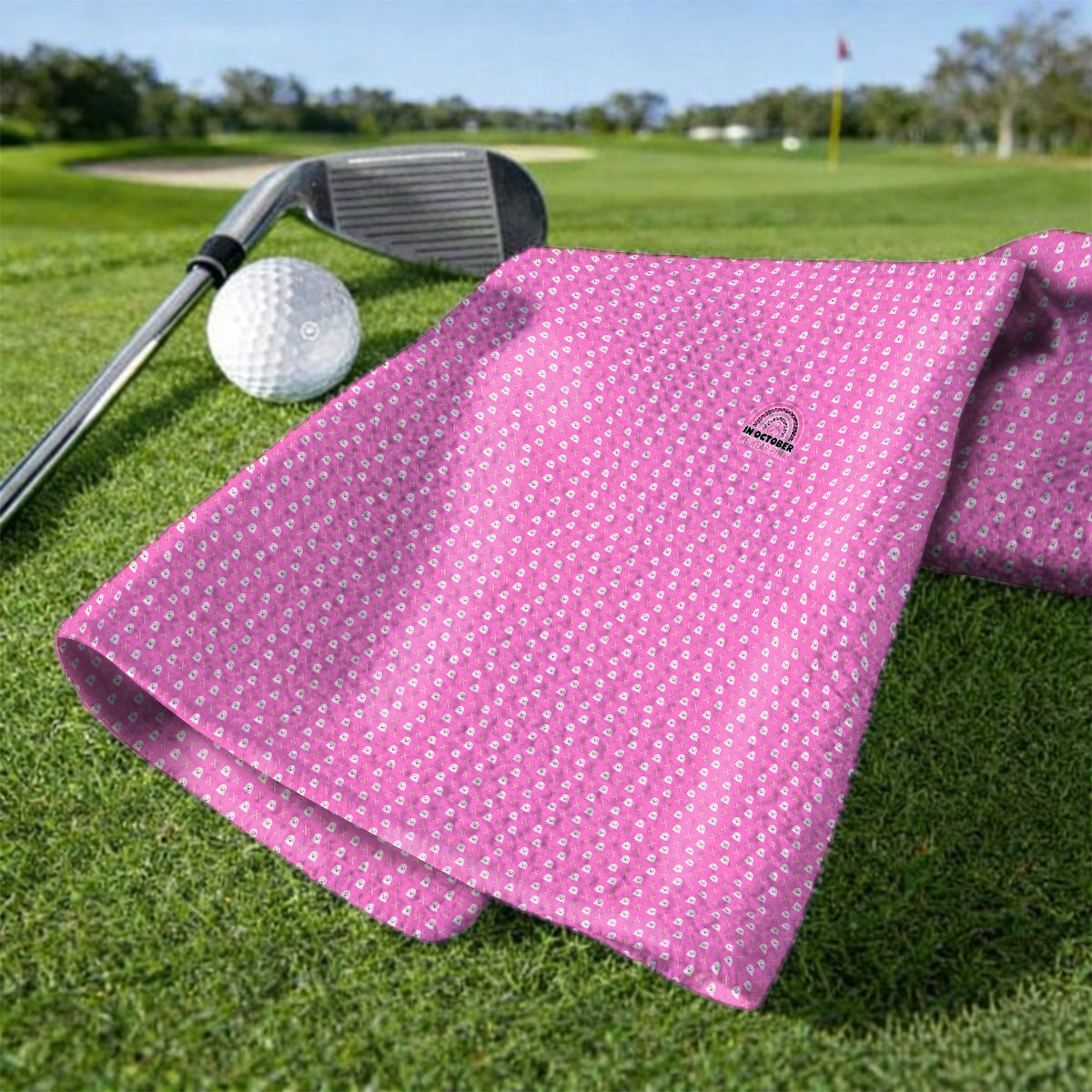 Breast Cancer Awareness Golf Towel, In October We Wear Pink Pattern Golf Towels, Pink Ribbon Golf Gift for Breast Cancer Support