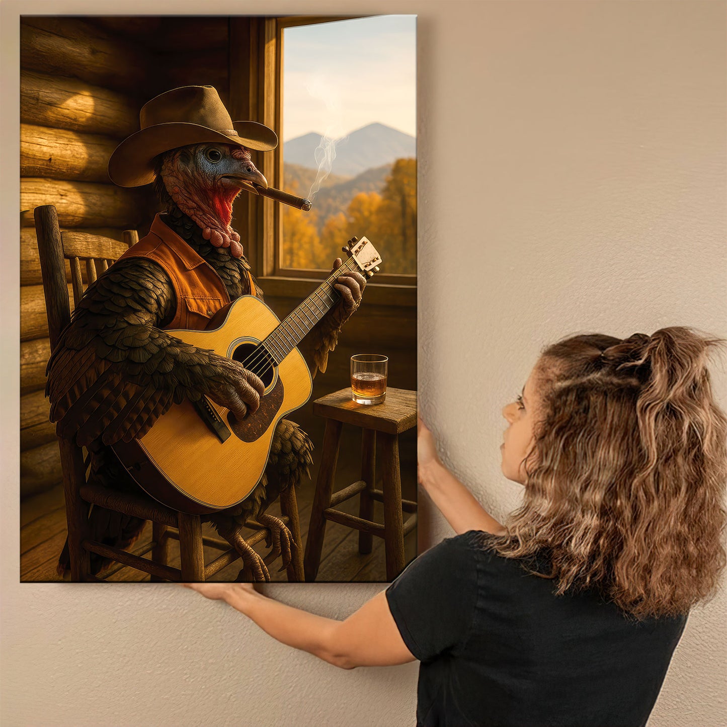 Turkey Cowboy Canvas Wall Art, Rustic Country Bird Playing Guitar With Whiskey Canvas, Western Cabin Decor For Man Cave