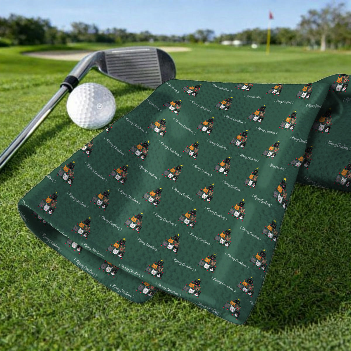 Meowy Christmas Cat Golf Towels, Festive Cat Christmas Pattern Golf Towel, Xmas Golf Gift For Cat Lovers