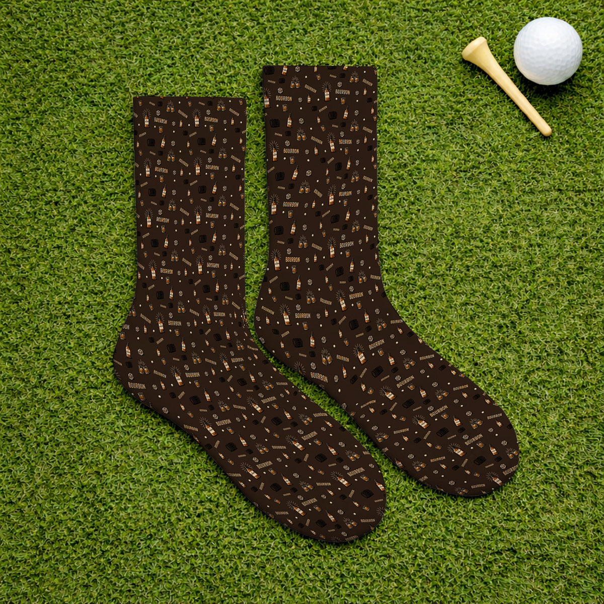 Bourbon Barrel Golf Socks, Whiskey Bottle & Rocks Pattern Sock, Vintage Drinking Golf Shirt for Golfer