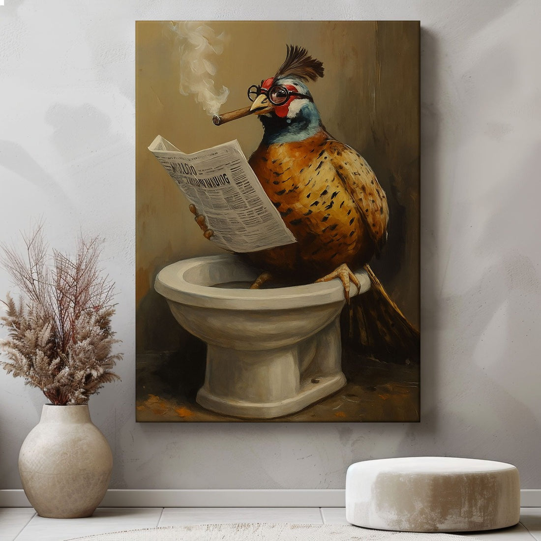 Funny Pheasant Bathroom Canvas, Rustic Cabin Wall Art For Man Cave, Gift For Hunter