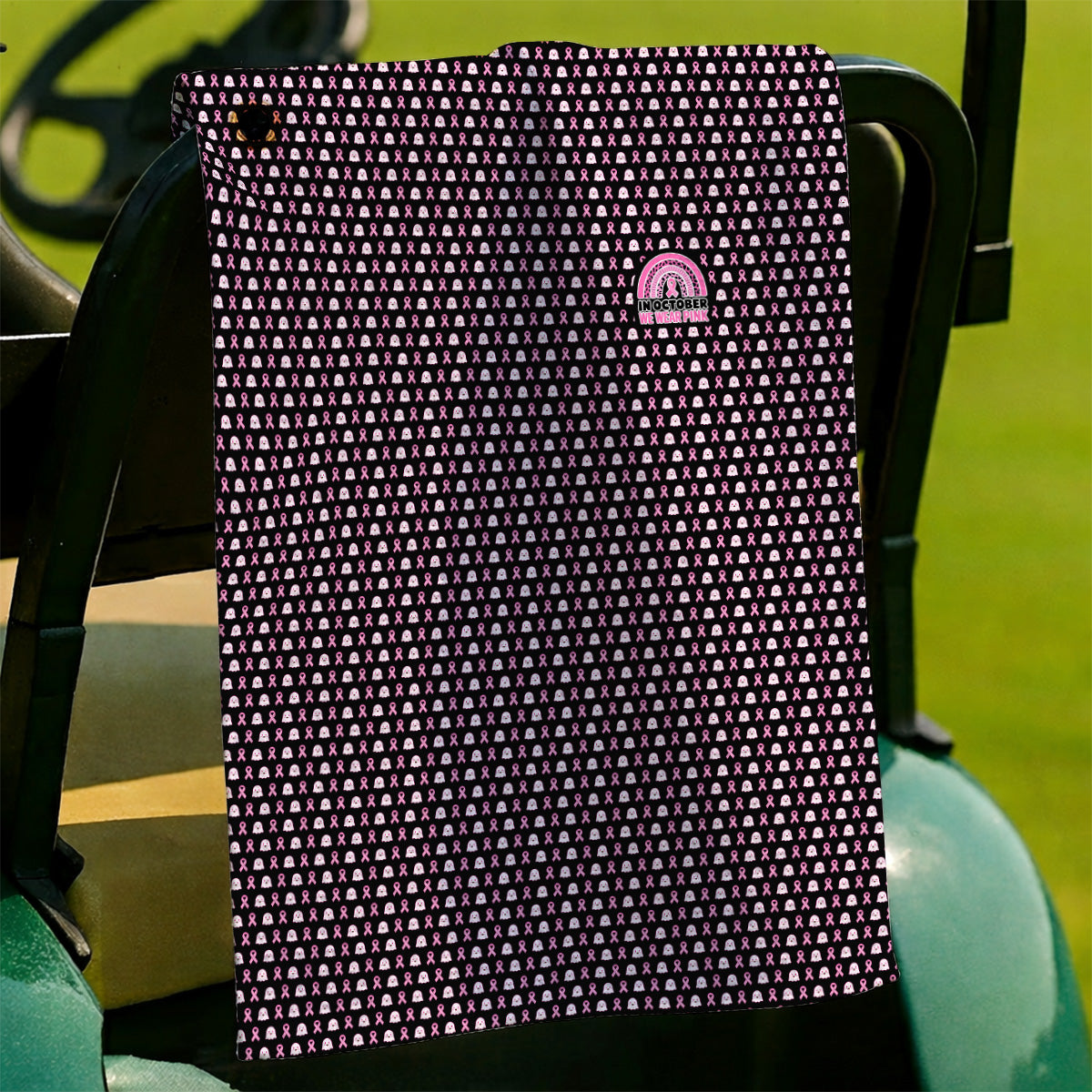 Breast Cancer Awareness Golf Towel, In October We Wear Pink Pattern Golf Towels, Pink Ribbon Golf Gift for Breast Cancer Support