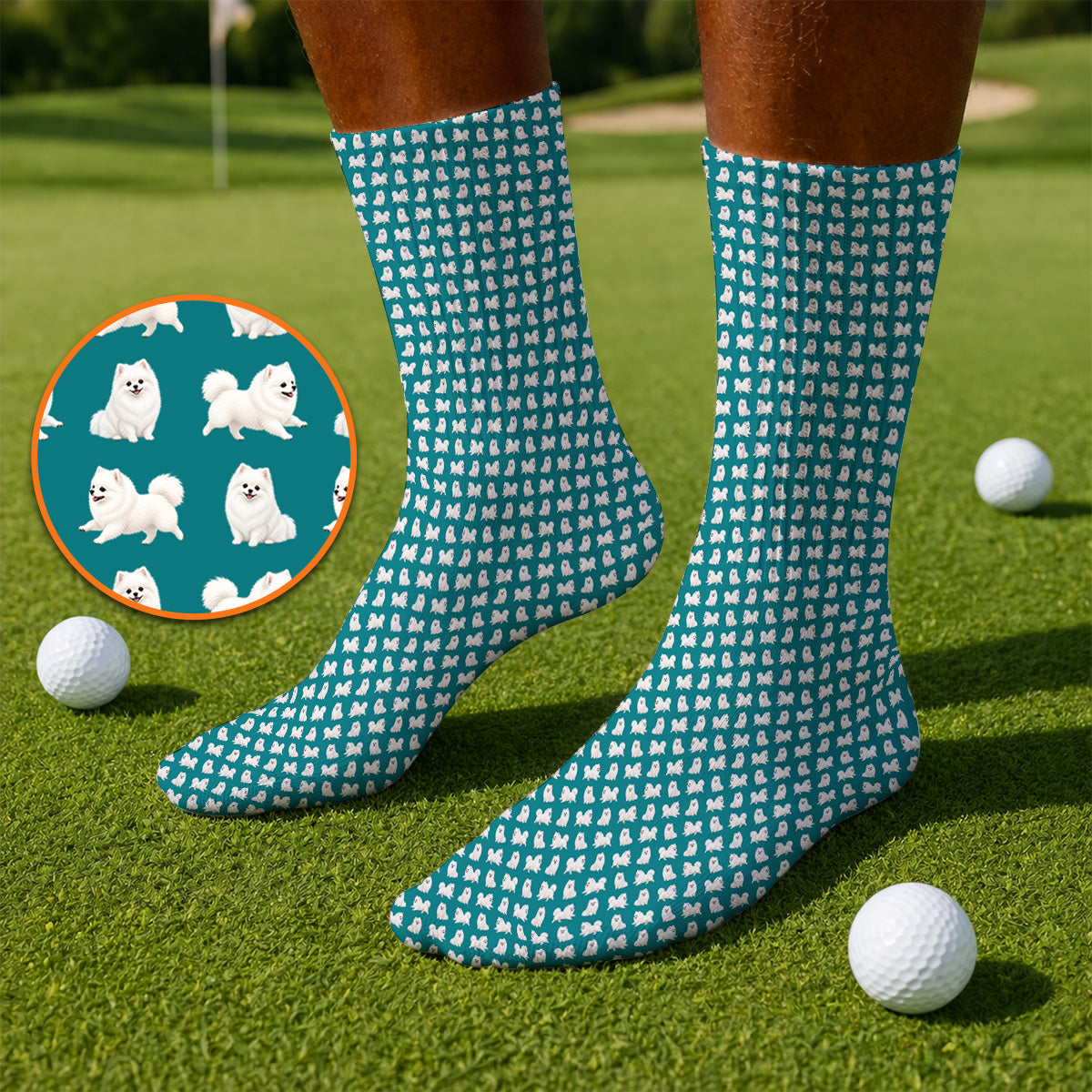 White Pomeranian Pattern Golf Socks, Cute Pomeranian Dog Golf Sock, Crazy Golf Gift For Golfer