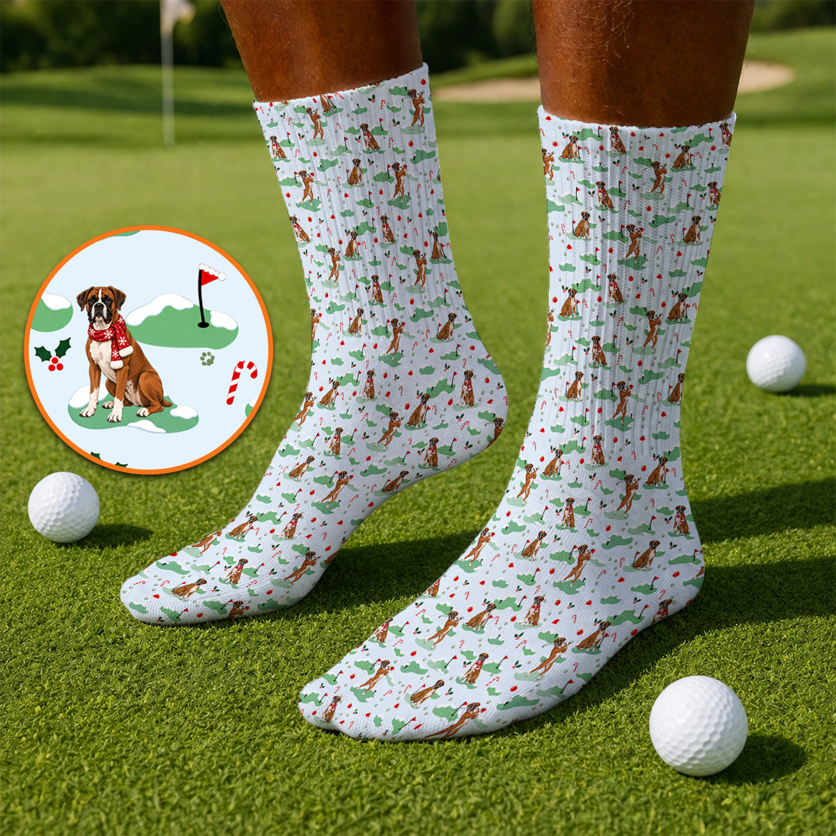 Funny Boxer Christmas Golf Socks, Xmas Boxer Dog Pattern Golf Sock, Golf Gift For Golfer
