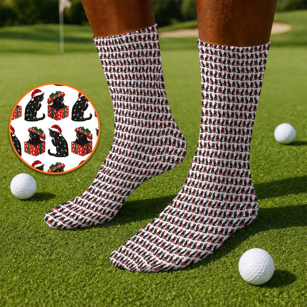Black Cat Christmas Pattern Golf Socks, Funny Christmas Cat Golf Sock, Holiday Gift for Cat Lovers