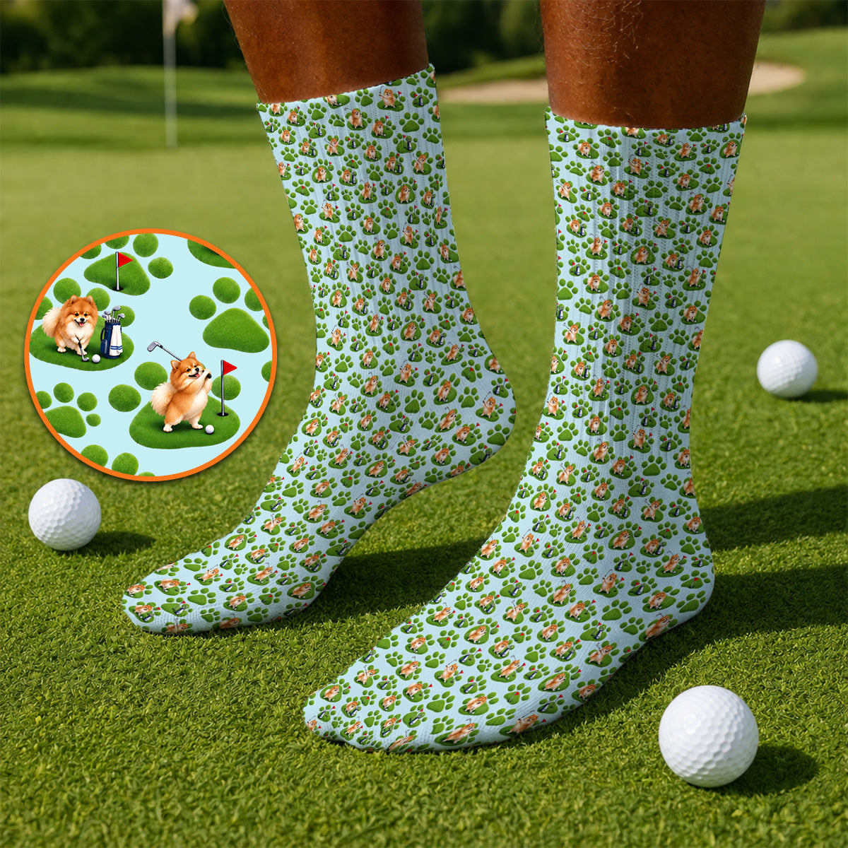 Pomeranian Paw Pattern Golf Socks, Cute Fluffy Pom Dog Pattern Golf Sock, Crazy Golf Gift For Golfers