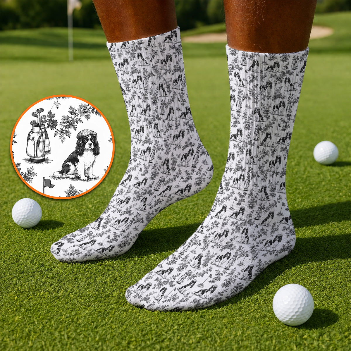 Funny Cavalier King Charles Spaniel Golf Sock, Toile de Jouy Cavalier Pattern Golf Socks, Golf Gift For Golfer