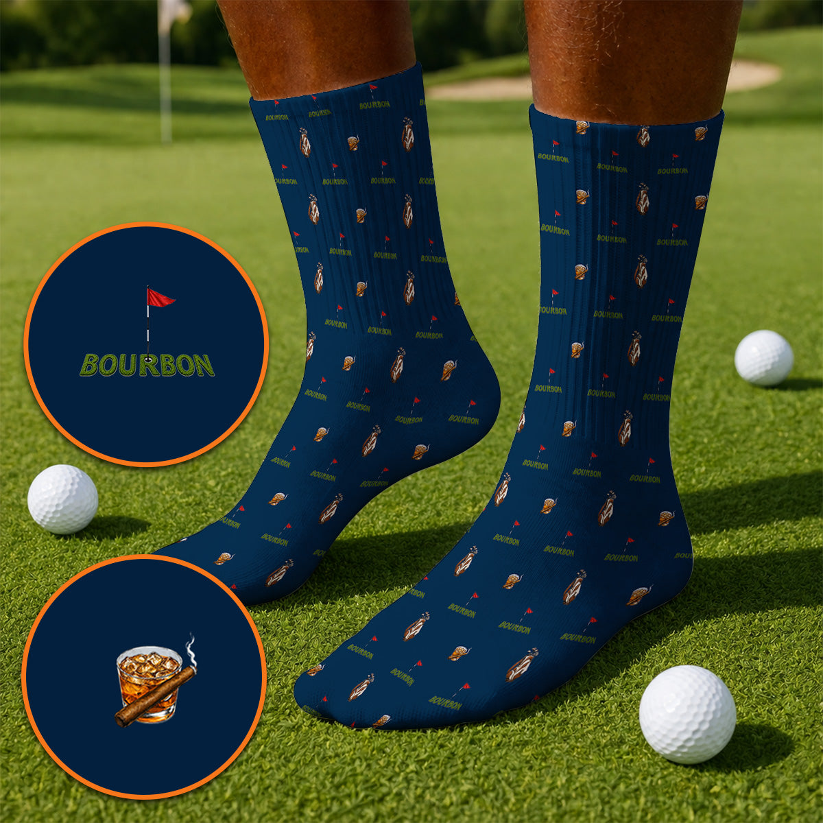 Bourbon & Cigar Golf Socks, Whiskey Golf Pattern Sock, Funny Bourbon Gift For Golfers