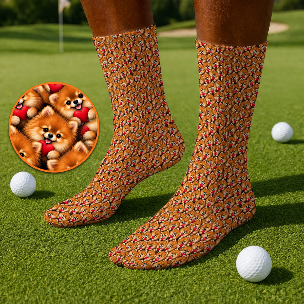 Cute Pomeranian Hearts Pattern Golf Socks, Funny Golf Sock For Dog Lovers, Golf Gift For Golfers