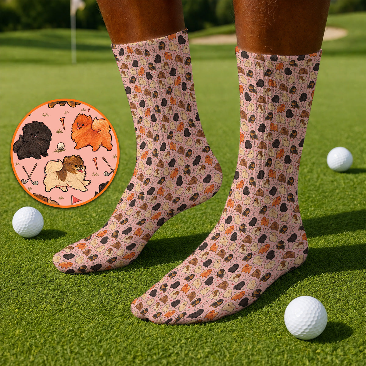 Funny Pomeranian Golf Socks, Pom Dog & Golf Pattern Sock, Golf Gift For Golfer